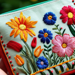 **A close-up shot of a handcrafted pouch adorned with delicate embroidery inspired by garden flowers. Focus on the intricate stitchwork and the vibrant colors reflecting emotions, showcasing the pouch as a personalized work of art.**