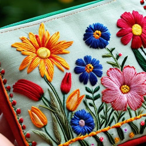 Home 15 **A close-up shot of a handcrafted pouch adorned with delicate embroidery inspired by garden flowers. Focus on the intricate stitchwork and the vibrant colors reflecting emotions, showcasing the pouch as a personalized work of art.**