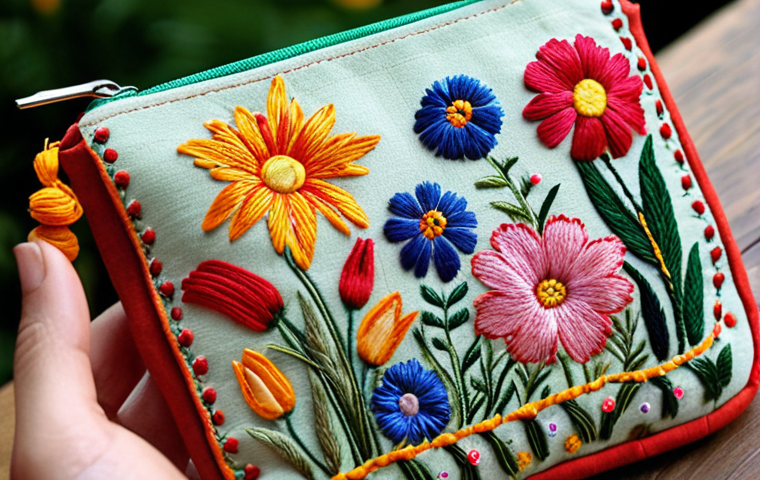 **A close-up shot of a handcrafted pouch adorned with delicate embroidery inspired by garden flowers. Focus on the intricate stitchwork and the vibrant colors reflecting emotions, showcasing the pouch as a personalized work of art.**