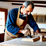 A skilled Portuguese master craftsman diligently working on a piece of wooden furniture, his hands carefully sanding a smooth surface. He is wearing a modest work apron and practical, fully clothed attire. The scene is set inside a rustic, sunlit traditional woodworking workshop in rural Portugal, with sawdust visible on the floor and various hand tools neatly arranged on benches. The image conveys a sense of dedication, timeless craft, and quiet concentration. professional photography, high quality, realistic, ultra-detailed, perfect anatomy, correct proportions, natural pose, well-formed hands, proper finger count, natural body proportions, fully clothed, modest clothing, appropriate attire, professional dress, safe for work, appropriate content, family-friendly.