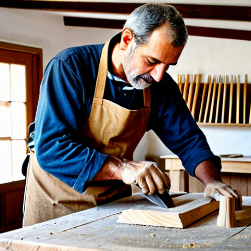 Home 14 A skilled Portuguese master craftsman diligently working on a piece of wooden furniture, his hands carefully sanding a smooth surface. He is wearing a modest work apron and practical, fully clothed attire. The scene is set inside a rustic, sunlit traditional woodworking workshop in rural Portugal, with sawdust visible on the floor and various hand tools neatly arranged on benches. The image conveys a sense of dedication, timeless craft, and quiet concentration. professional photography, high quality, realistic, ultra-detailed, perfect anatomy, correct proportions, natural pose, well-formed hands, proper finger count, natural body proportions, fully clothed, modest clothing, appropriate attire, professional dress, safe for work, appropriate content, family-friendly.