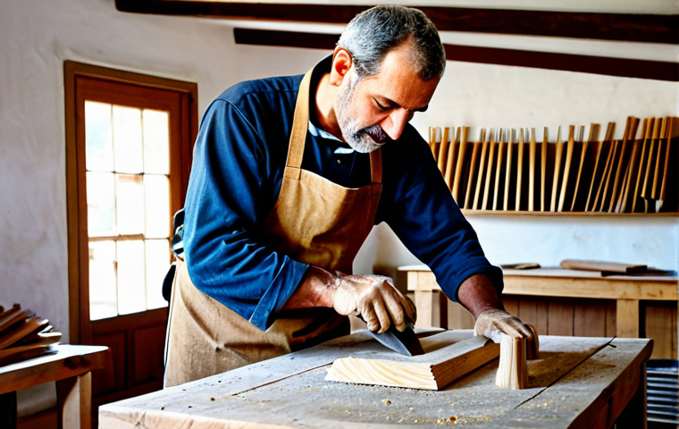 A skilled Portuguese master craftsman diligently working on a piece of wooden furniture, his hands carefully sanding a smooth surface. He is wearing a modest work apron and practical, fully clothed attire. The scene is set inside a rustic, sunlit traditional woodworking workshop in rural Portugal, with sawdust visible on the floor and various hand tools neatly arranged on benches. The image conveys a sense of dedication, timeless craft, and quiet concentration. professional photography, high quality, realistic, ultra-detailed, perfect anatomy, correct proportions, natural pose, well-formed hands, proper finger count, natural body proportions, fully clothed, modest clothing, appropriate attire, professional dress, safe for work, appropriate content, family-friendly.