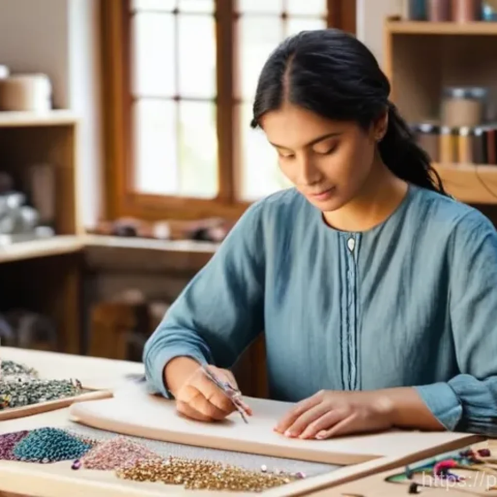 수공예 창업 - **Prompt:** "A young, talented female artisan, in her late 20s, with a warm, focused expression. She...