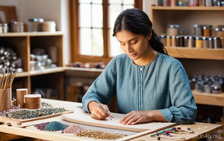 수공예 창업 - **Prompt:** "A young, talented female artisan, in her late 20s, with a warm, focused expression. She...