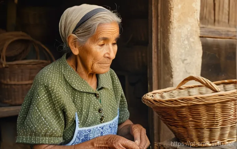 수공예 천연 섬유 활용 - **Prompt 1: The Wicker Weaver's Wisdom**
    "A close-up, warm-toned portrait of an elderly Portugue...