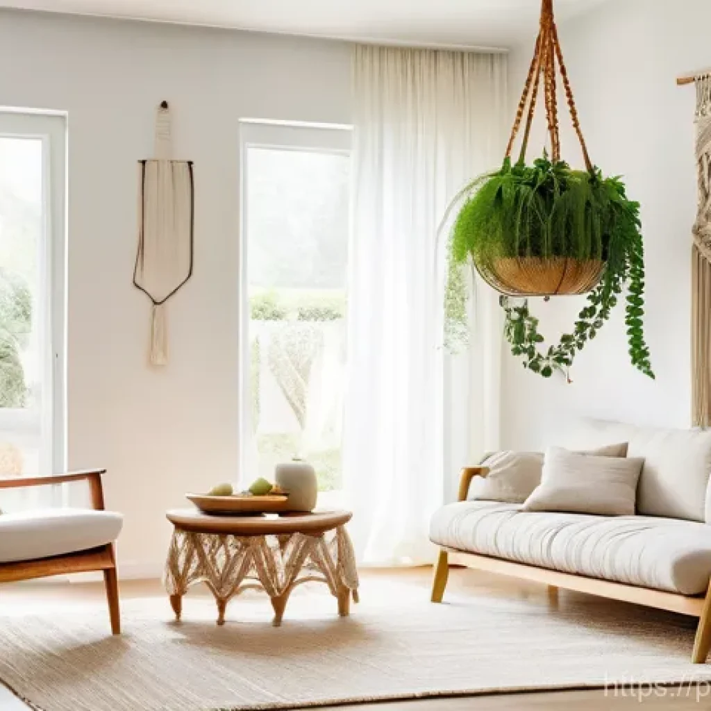 수공예 매듭공예 - "A serene and inviting living room in a contemporary Portuguese home, showcasing a large, intricatel...