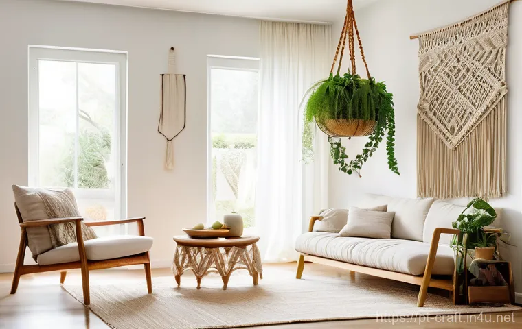 수공예 매듭공예 - "A serene and inviting living room in a contemporary Portuguese home, showcasing a large, intricatel...