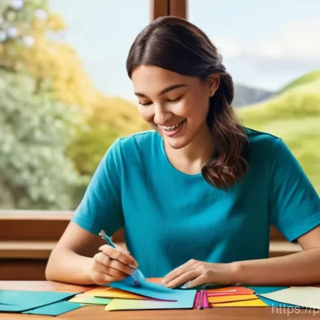 수공예 종이 공예 - **Prompt:** A close-up of a joyful female paper crafter, in her late 20s, wearing a comfortable, lig...