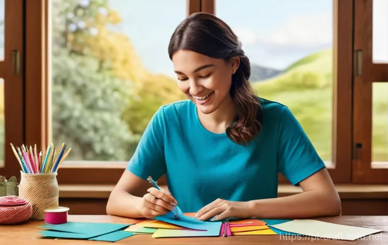 수공예 종이 공예 - **Prompt:** A close-up of a joyful female paper crafter, in her late 20s, wearing a comfortable, lig...