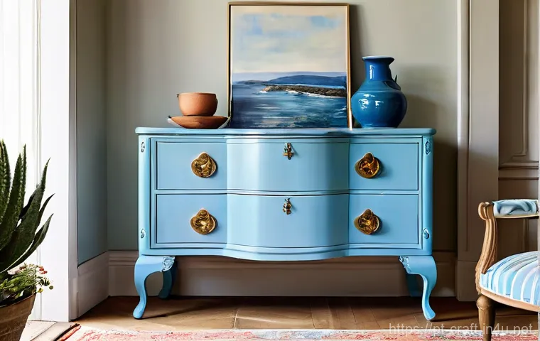 수공예 중고품 활용 - **"A beautifully restored vintage wooden dresser, painted in a vibrant, yet soft, pastel blue hue. T...