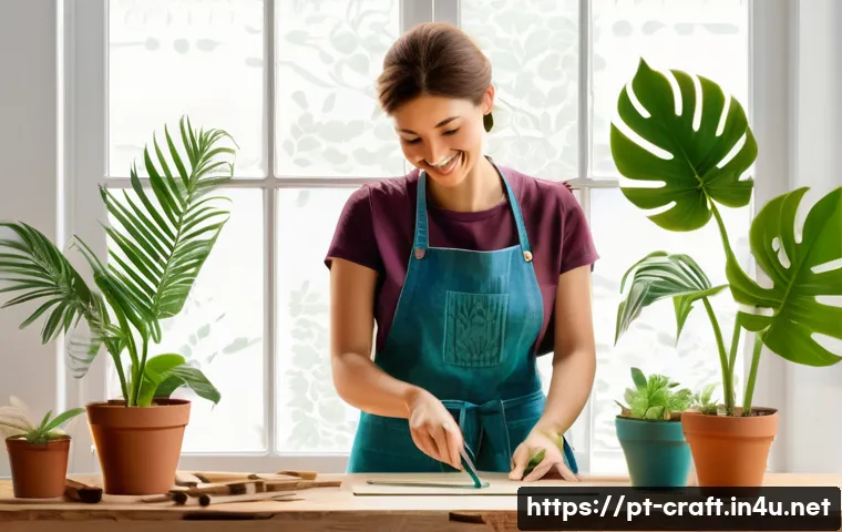 수공예 스텐실 아트 - **Prompt 1: The Joy of Creative Discovery with Nature's Touch**
    A bright, inviting image of a wo...