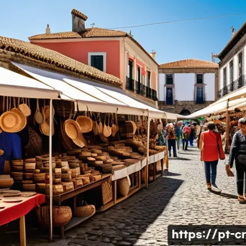 수공예 작품 전시 - **Prompt: A bustling outdoor craft market in a historic Portuguese town square.**
    A vibrant, sun...