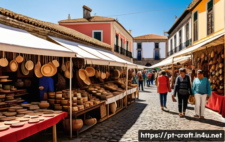 수공예 작품 전시 - **Prompt: A bustling outdoor craft market in a historic Portuguese town square.**
    A vibrant, sun...