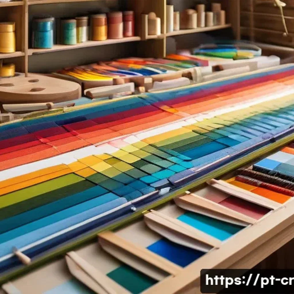 수공예 나만의 디자인 - A vibrant artisan workspace featuring a wooden table filled with colorful handmade craft pieces, sho...