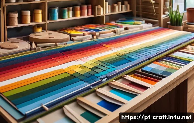 수공예 나만의 디자인 - A vibrant artisan workspace featuring a wooden table filled with colorful handmade craft pieces, sho...