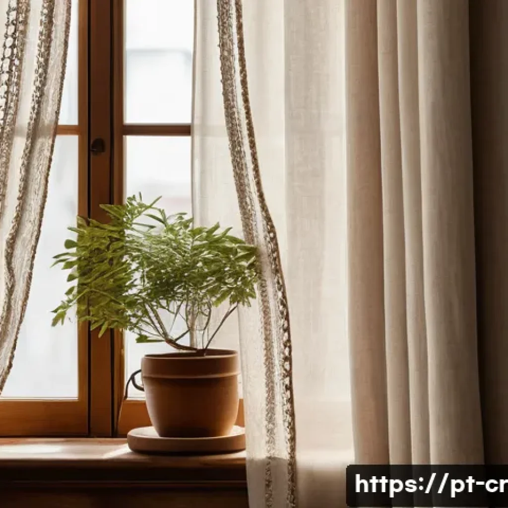 수공예 커튼 만들기 - A cozy, sunlit living room showcasing handcrafted curtains made from lightweight natural linen fabri...