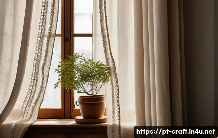 수공예 커튼 만들기 - A cozy, sunlit living room showcasing handcrafted curtains made from lightweight natural linen fabri...