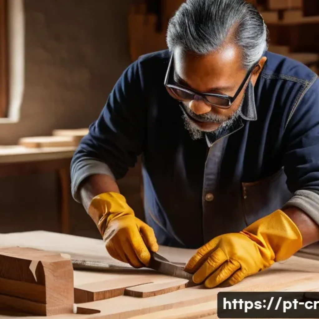 수공예 나무 조각 - A detailed workshop scene showing a skilled artisan carving a sculpture from Brazilian ip&ecirc; wood, hig...