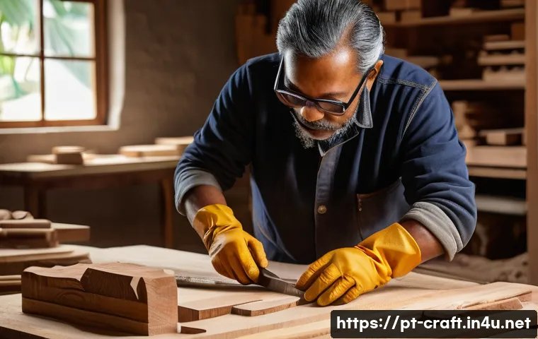 수공예 나무 조각 - A detailed workshop scene showing a skilled artisan carving a sculpture from Brazilian ipê wood, hig...