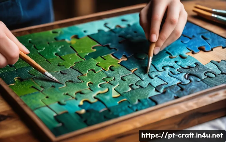 수공예 퍼즐 만들기 - A detailed, close-up image of a handcrafted jigsaw puzzle made from high-quality wood, showcasing sm...
