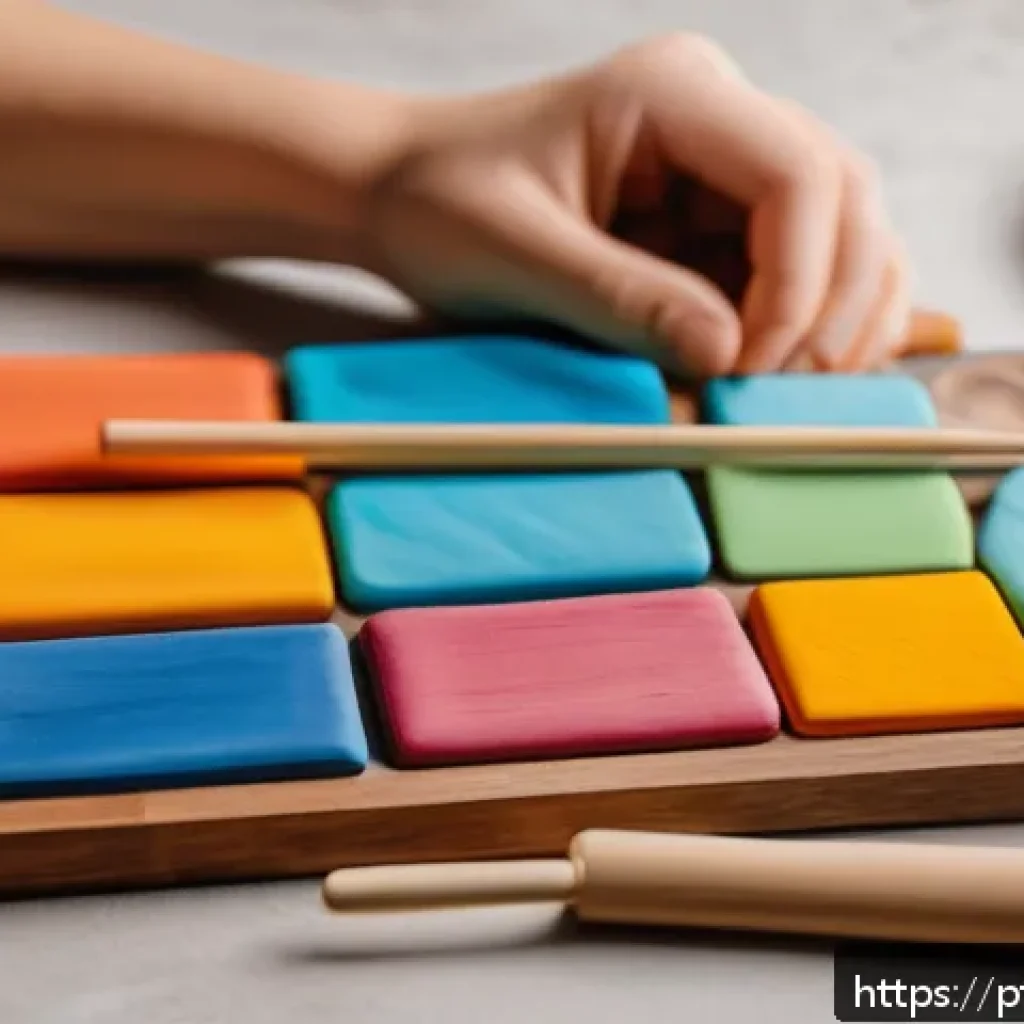 수공예 피규어 만들기 - A detailed close-up of a beginner’s polymer clay crafting workspace, featuring colorful polymer clay...