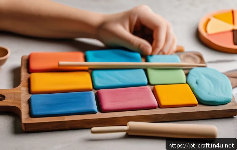 수공예 피규어 만들기 - A detailed close-up of a beginner’s polymer clay crafting workspace, featuring colorful polymer clay...