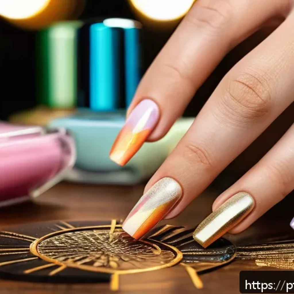 수공예 손톱아트 - A close-up image of a professional nail art setup focusing on a hand with neatly manicured nails wea...