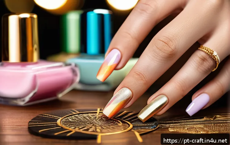 수공예 손톱아트 - A close-up image of a professional nail art setup focusing on a hand with neatly manicured nails wea...