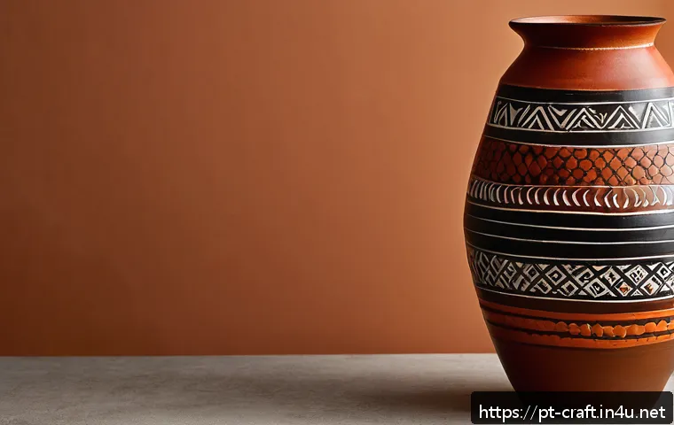 수공예 미술작품 - A close-up view of a handcrafted ceramic vase inspired by Marajoara style from Pará, Brazil, showcas...