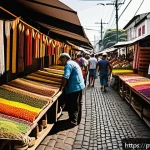 수공예 재료 구매처 - A vibrant artisan market scene in a Brazilian city like S&atilde;o Paulo, featuring colorful stalls filled ...