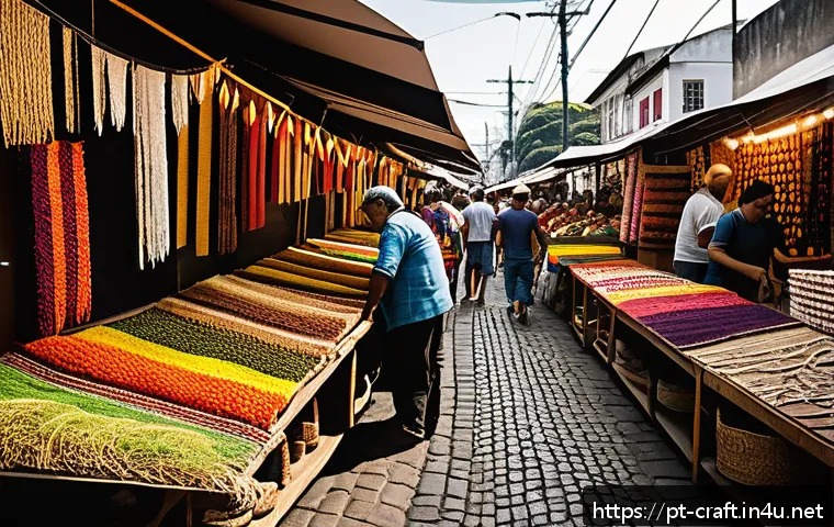 수공예 재료 구매처 - A vibrant artisan market scene in a Brazilian city like São Paulo, featuring colorful stalls filled ...