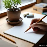 수공예 손그림 아트 - A cozy, sunlit artist&rsquo;s nook featuring a wooden desk by a large window with soft natural light pouri...