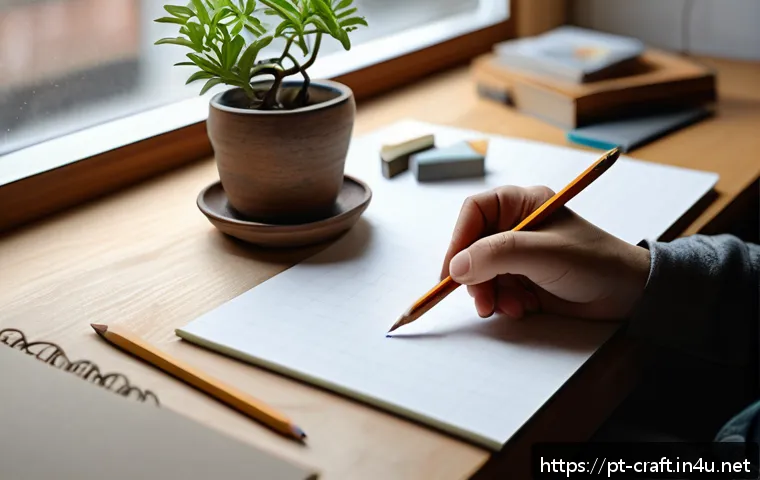 수공예 손그림 아트 - A cozy, sunlit artist’s nook featuring a wooden desk by a large window with soft natural light pouri...