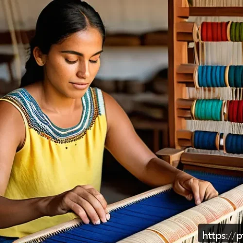 수공예 직조 공예 - A detailed scene of a skilled artisan working on a traditional wooden pedal loom inside a sunlit Bra...