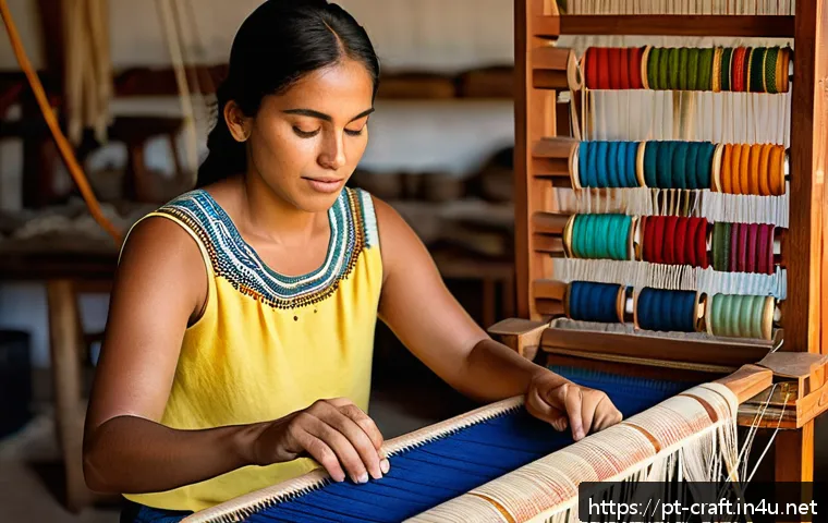 수공예 직조 공예 - A detailed scene of a skilled artisan working on a traditional wooden pedal loom inside a sunlit Bra...