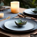 수공예 접시 디자인 - A rustic artisanal dining table set outdoors featuring handcrafted ceramic plates in earthy tones wi...