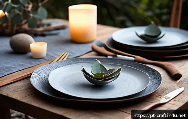 수공예 접시 디자인 - A rustic artisanal dining table set outdoors featuring handcrafted ceramic plates in earthy tones wi...