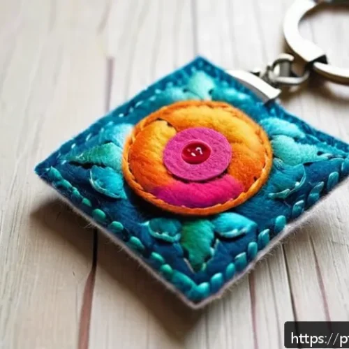 수공예 키링 만들기 - A detailed close-up of a handcrafted keychain made of soft felt fabric in vibrant colors, featuring ...