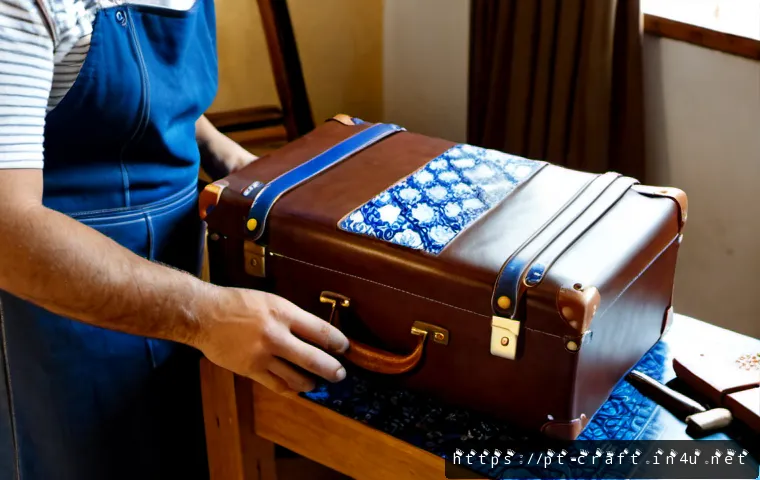 Home 31 수공예 캐리어 디자인 - Photorealistic artisan workshop in Lisbon, a skilled craftsperson assembling a handmade leather carr...