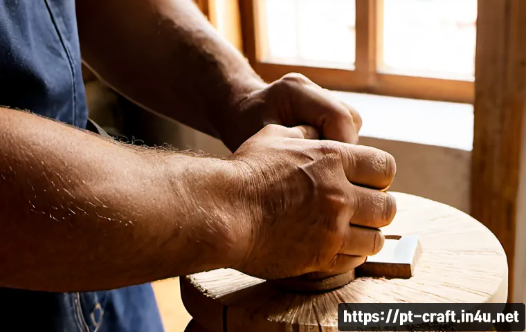 Home 30 수공예 목재 작업 - Photorealistic close-up of a Portuguese woodworker’s hands shaping a small hardwood stool with a han...