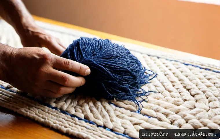 Home 17 수공예 러그 만들기 - Photorealistic close-up of a Portuguese artisan hand-making a colorful tufted rug on a wooden workta...