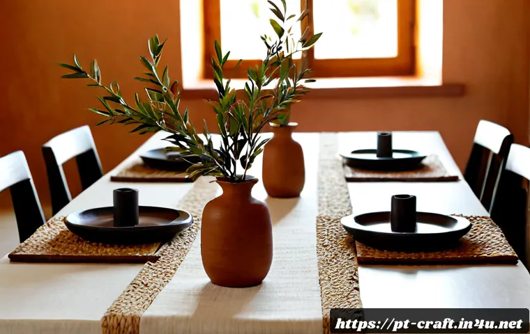 Home 30 수공예 테이블 데코 - Photorealistic handcrafted table decor on a sunlit Portuguese apartment dining table: a textured lin...
