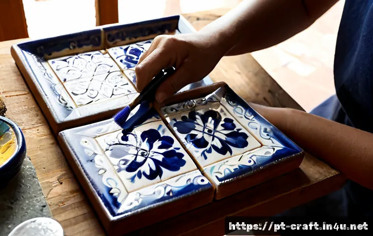 Home 17 수공예 기술 습득법 - Photorealistic close-up of a Portuguese craft learner practicing traditional azulejo tile painting a...