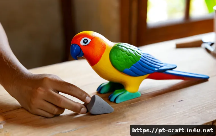 수공예 클레이 아트 - Photorealistic close-up of artisan hands shaping a small colorful clay parrot figurine on a wooden w...
