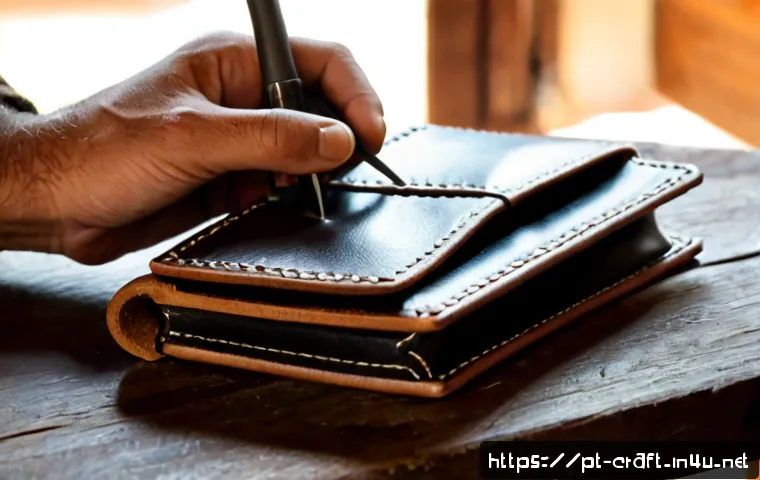Home 17 수공예 가죽 제품 만들기 - Photorealistic close-up of a Portuguese artisan crafting a handmade leather wallet on a clean wooden...