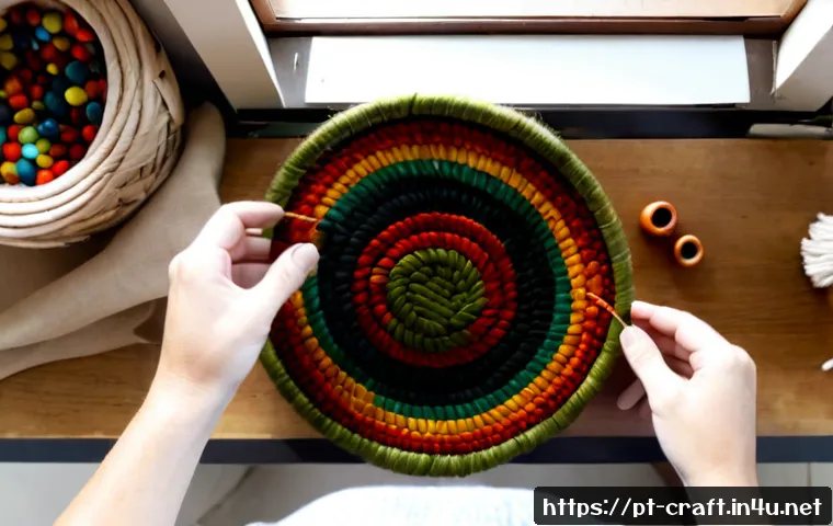 Home 17 수공예 디자인 아이디어 - Photorealistic overhead view of a Brazilian-inspired handmade craft workspace, an adult artisan’s ha...